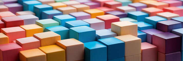 Fototapeta na wymiar Colorful wooden cubes. Abstraction, bright background, banner