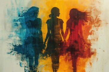 three women wearing different colored dresses, in the style of abstract whispers, double exposure,...