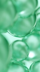 Essential cosmetic oil bubbles floating in water. Green liquid sphere shaped, fluid flow background. Moisturizing hydrating collagen cream. Skin care serum beauty care vitamin concept 3d illustration