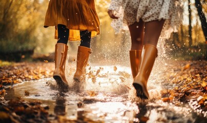 Two Women Strolling Through a Reflective Water Puddle