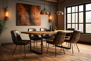 A dining room featuring a mix of distressed leather 