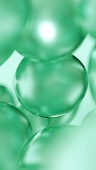 Liquid green oil bubbles macro close up. Abstract cosmetic 3D illustration background of fluid circles. Beauty care concept of decorative antioxidant peptide soap spheres in light water background