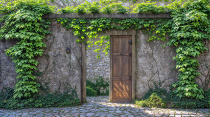 Fototapeta na wymiar Old Wooden Door Enveloped by Climbing Plants