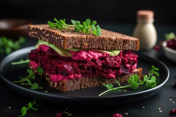 A mouthwatering sandwich topped with beets and fresh greens, served on a sleek black plate, Vegan sandwiches with beetroot hummus, AI Generated - Powered by Adobe