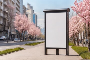 Mockup of Blank digital signboard on roadside, Empty signboard in spring blooming city. ai generative