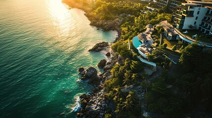 Aerial view of luxury hotel and resort at sea beach in tropical sea at sunset with beautiful colors. Copy space for text. - obrazy, fototapety, plakaty