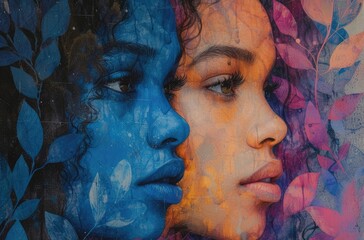two colors portraits of women with the phrase nourish', in the style of vibrant watercolor, abstract surrealism, light indigo and dark amber, human-canvas integration, candid moments captured
