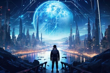 A man stands confidently in front of a sprawling, technologically advanced cityscape, Visualize a skilled cyberpunk hacker operating within a futuristic landscape, AI Generated - obrazy, fototapety, plakaty
