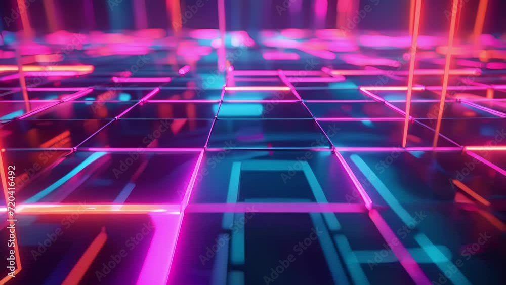 Poster A topdown view of a vibrant neon landscape with geometric shapes and lines creating a retro grid pattern against a dark background.