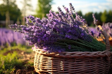 Fototapeta premium A wicker basket brimming with blooming lavender flowers, radiating natures soothing and aromatic charm, Wicker basket of freshly cut lavender flowers a field of lavender bushes, AI Generated