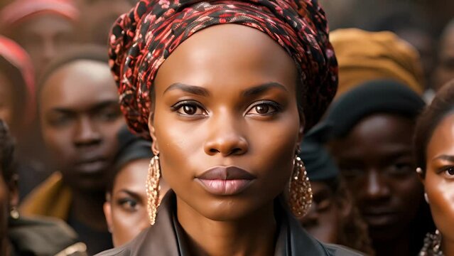 An advertit of an African businesswoman standing tall and proud ast a sea of diverse faces. Her presence a powerful reminder of the