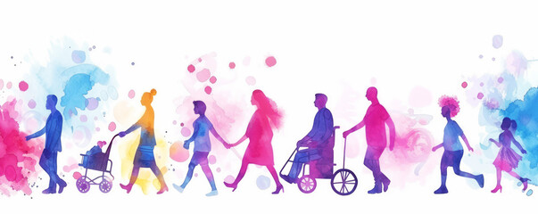 Colorful art watercolor painting depicts a diverse group of International Day of Disabled Persons, disability day, world on the wheelchair wheel, Autistic Awareness Day, healthcare concept - obrazy, fototapety, plakaty