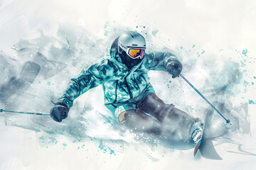 Skiing in the mountains, beautiful illustration in watercolor style, soft blue tones