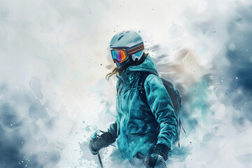 Fototapeta na wymiar Skiing in the mountains, beautiful illustration in watercolor style, soft blue tones