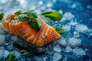 Fresh salmon fillet on ice, gourmet with spinach leaves