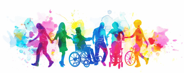 Fototapeta premium Colorful art watercolor painting depicts a diverse group of International Day of Disabled Persons, disability day, world on the wheelchair wheel, Autistic Awareness Day, healthcare concept