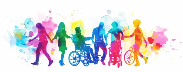 Selbstklebende Fototapeten Colorful art watercolor painting depicts a diverse group of International Day of Disabled Persons, disability day, world on the wheelchair wheel, Autistic Awareness Day, healthcare concept © chiew