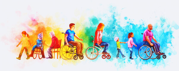 Obraz premium Colorful art watercolor painting depicts a diverse group of International Day of Disabled Persons, disability day, world on the wheelchair wheel, Autistic Awareness Day, healthcare concept