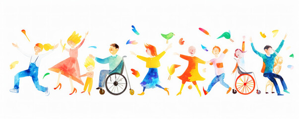 Colorful art watercolor painting depicts a diverse group of International Day of Disabled Persons, disability day, world on the wheelchair wheel, Autistic Awareness Day, healthcare concept - obrazy, fototapety, plakaty