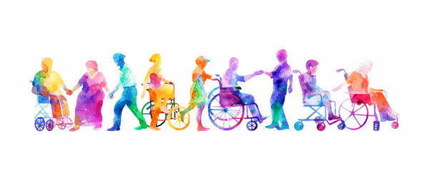 Fototapeta premium Colorful art watercolor painting depicts a diverse group of International Day of Disabled Persons, disability day, world on the wheelchair wheel, Autistic Awareness Day, healthcare concept