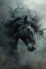 Obraz na płótnie Canvas Gorgeous black horse galloping through the smoke, photorealistic dramatic portrait