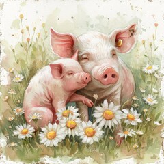 Whimsical Watercolor Piglet Learning to Wallow with Mother in Daisy Field Generative AI