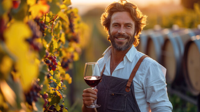 A middle-aged man winemaker holds a glass of red wine and smiles, against the backdrop of a vineyard and barrels of wine. Winery, spirits production, sommelier.