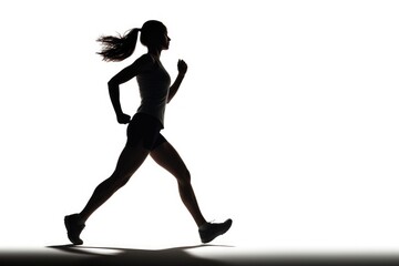 Fototapeta na wymiar A dynamic silhouette of a woman running, captured against a clean white background, Woman runner in silhouette on white background, Dynamic movement, AI Generated