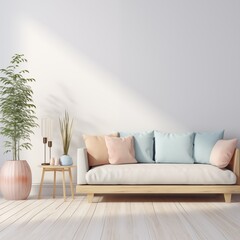 Fototapeta na wymiar modern calm living room with sofa and mockup for painting, empty space for text 