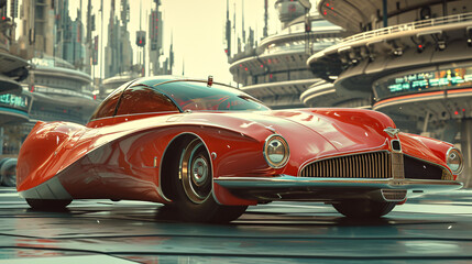 Futuristic Cityscape with Classic Red Sports Car: A Harmonious Blend of Vintage and Modern Aesthetics for Automotive Enthusiasts