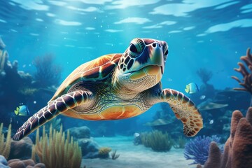 Fototapeta premium Green sea turtle swimming in the ocean. Underwater world. 3d rendering, Green sea turtle swimming in turquoise sea water, captured through an underwater photo, AI Generated