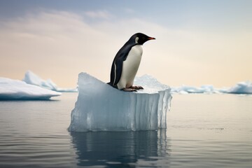 Fototapeta premium Gentoo penguin on ice floe at sunset in Antarctica, single penguin on a piece of ice, AI Generated