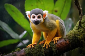 Obraz premium Squirrel monkey sitting on a branch in the rainforest of Costa Rica, Squirrel Monkey in amazon rainforest, AI Generated