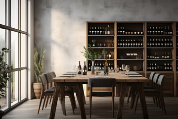 A dining room with a minimalist wall mounted wine bar