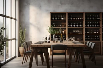 Fotobehang A dining room with a minimalist wall mounted wine bar © sugastocks