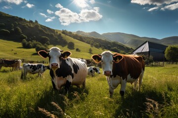 Fototapeta na wymiar Cows on a green meadow in the Carpathian mountains, sustainable and herd of cattle on a farm in the countryside for eco friendly environment, AI Generated