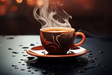 Black coffee in a luxurious cup with smoke and coffee beans on wooden table, AI generated