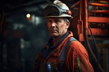 Fototapeta premium A man in a hard hat and overalls stands on a construction site with equipment and materials in the background, Worker in uniform at work, AI Generated