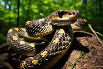Obraz premium A snake with its mouth wide open sits on a log, showcasing its deadly fangs in a natural forest setting, The Texas rat snake Elaphe obsoleta lindheimeri is a subspecies of rat snake, AI Generated