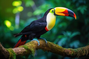 Fototapeta premium A vibrant toucan gracefully sits on a branch amid the lush backdrop of a vibrant forest, Tropical birds sitting on a tree branch in the rainforest, AI Generated