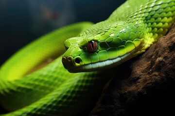Fototapeta premium A green snake with its head resting on a branch in its natural habitat, Trimeresurus macrops, beautiful green snake, AI Generated