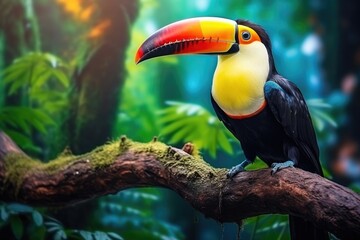 Fototapeta premium A vibrant toucan bird calmly rests on a sturdy branch amidst the dense foliage of its natural jungle surroundings, Tropical birds sitting on a tree branch in the rainforest, AI Generated