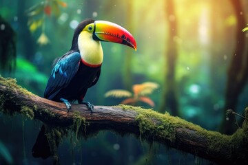 Naklejka premium A colorful toucan perches peacefully on a branch amidst the lush greenery of a vibrant forest, Tropical birds sitting on a tree branch in the rainforest, AI Generated