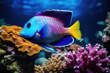 Fototapeta na wymiar A vibrant blue and yellow fish gracefully swims in a captivating aquarium, tropical fish on a coral reef, AI Generated