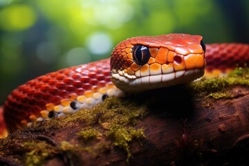 Fototapeta premium A detailed look at a snake resting on a branch, showcasing its unique features in its natural environment, Tropidolaemus subannulatus aka Viper Borneo Snake on Wildlife, AI Generated