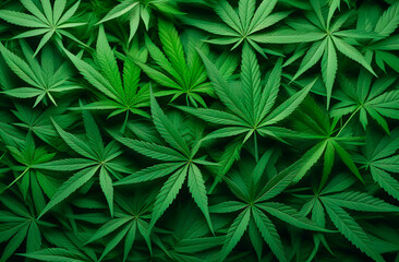 Marijuana leaves background, medical drugs, oil production, top view - obrazy, fototapety, plakaty