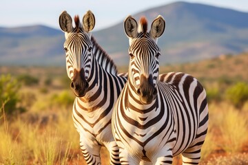 Fototapeta premium Two zebras stand side by side in a wide open field filled with lush green grass, Two plains zebras Equus burchelli in natural habitat, South Africa, AI Generated