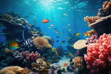 A stunning and colorful array of fish swimming gracefully in a large and vibrant aquarium, Underwater view of tropical coral reef with fishes and corals, AI Generated