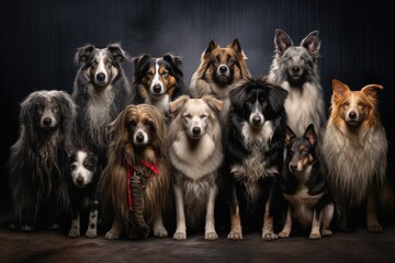 A group of dogs of different breeds and sizes standing together in a row, Unwanted and homeless dogs of different breeds in animal shelter, AI Generated