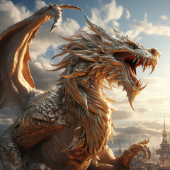 Large dragon standing on top of a building.